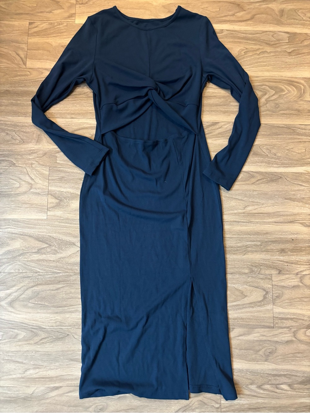 Long Sleeve Navy Knot-Front Midi Dress